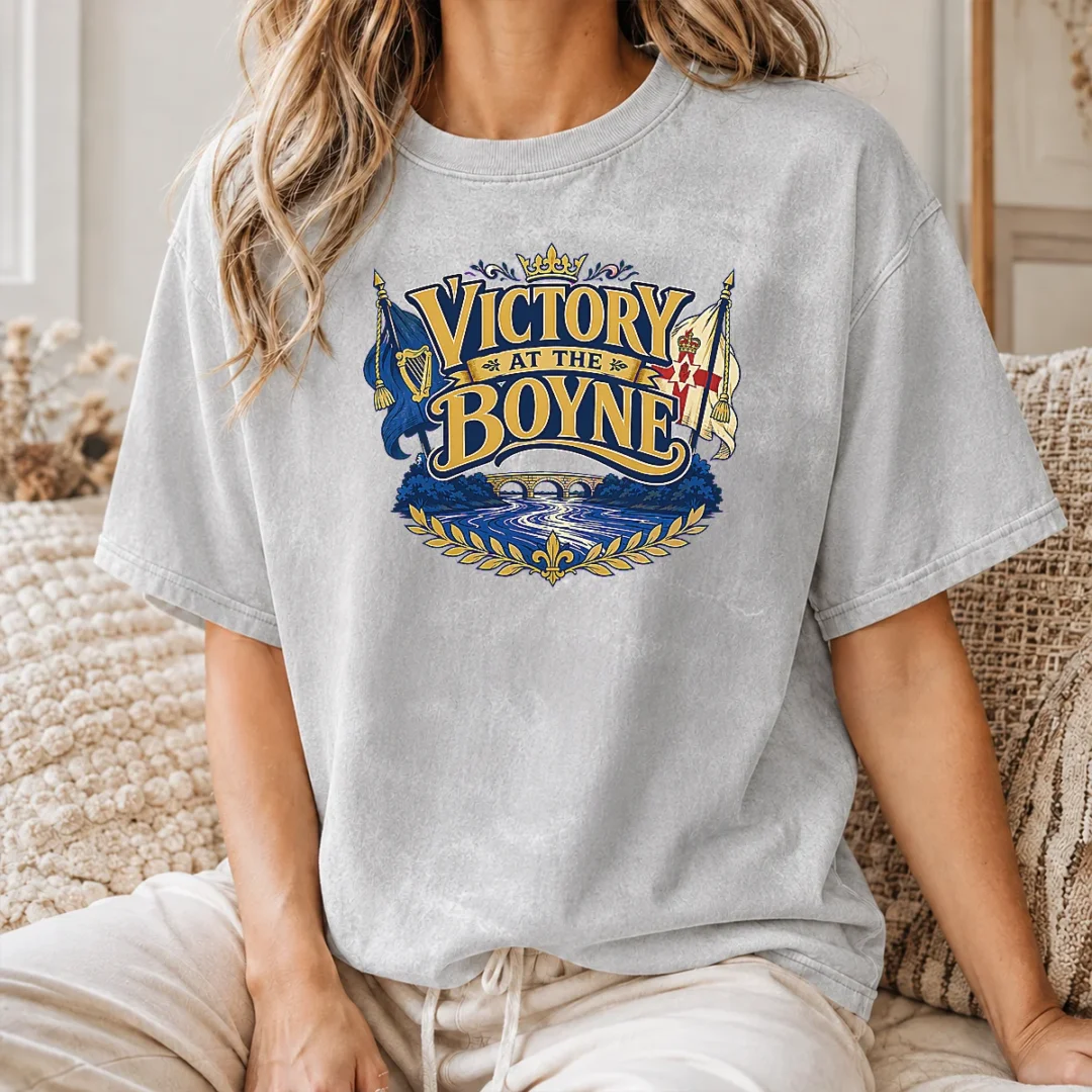Nice Original Victory At The Boyne Historical Pride Vector Washed T Shirt Nice Original Victory At The Boyne Historical Pride Vector printed on a soft washed t shirt in light gray