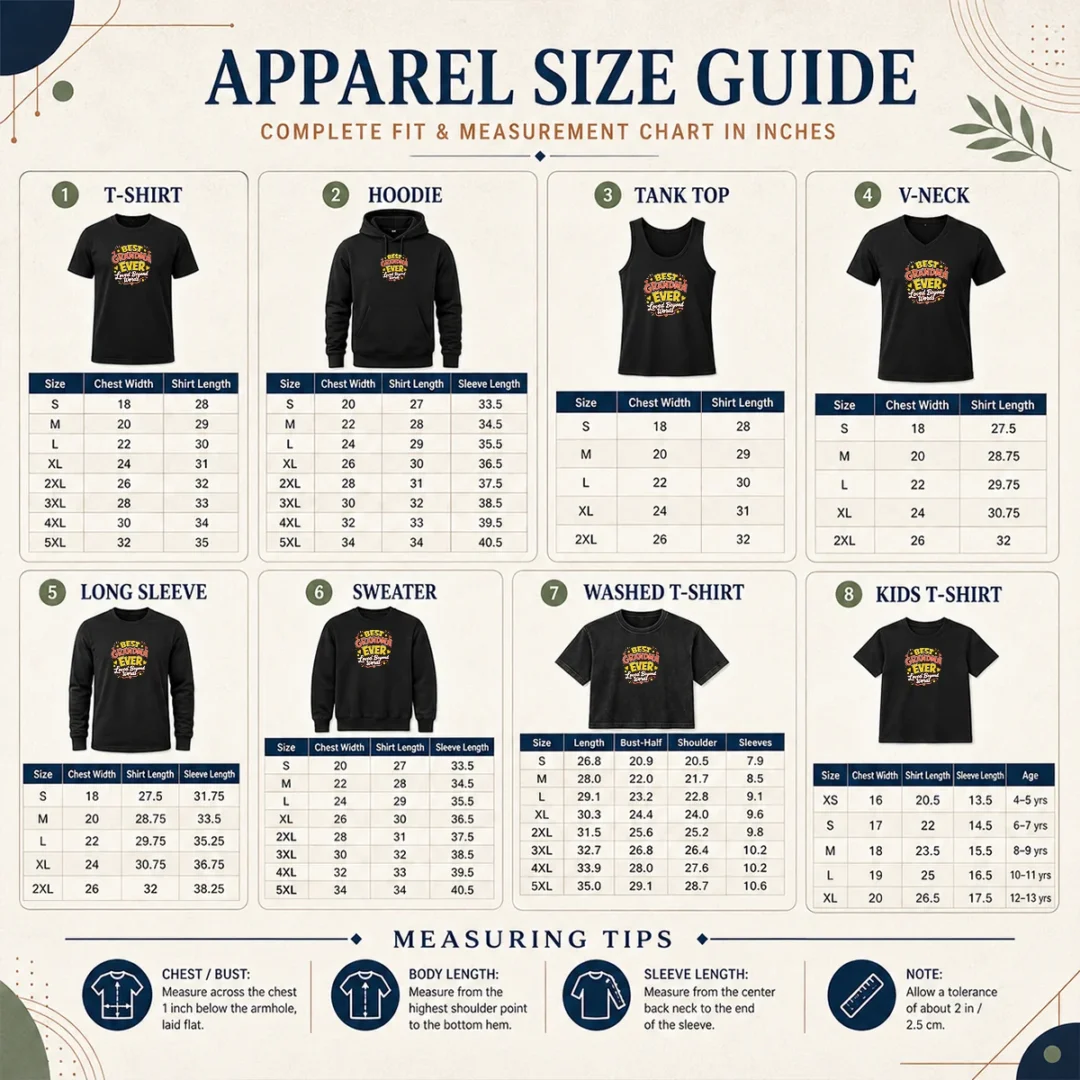 Nice Premium Grandparents Day Best Grandma Ever Cartoon Size Chart Size chart for Nice Premium Grandparents Day Best Grandma Ever Cartoon with measurements in inches and cm