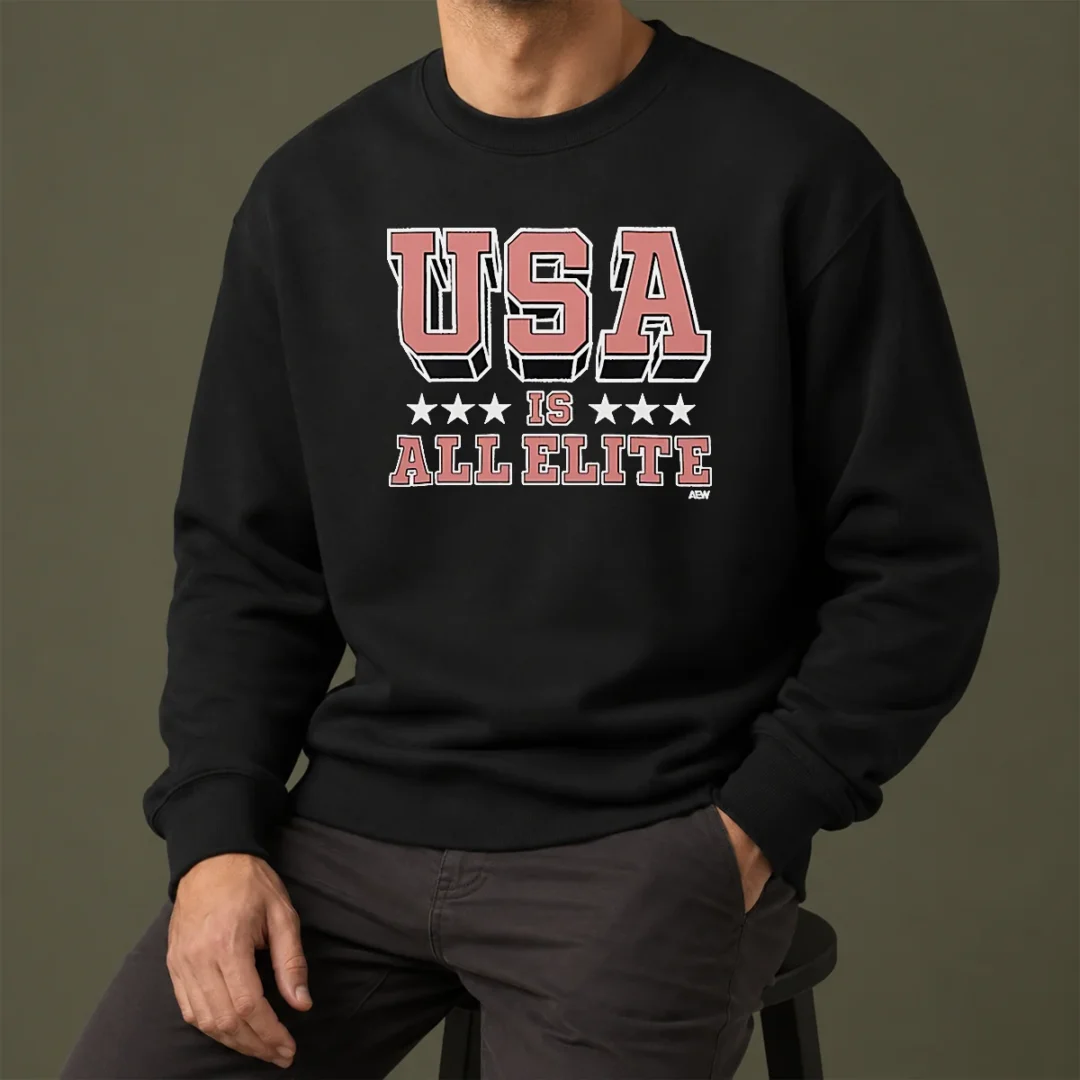 nice-premium-usa-is-all-elite-aew-wrestling-promotional-logo-sweater Nice Premium USA Is All Elite AEW Wrestling Promotional Logo Sweater in dark color, crewneck style