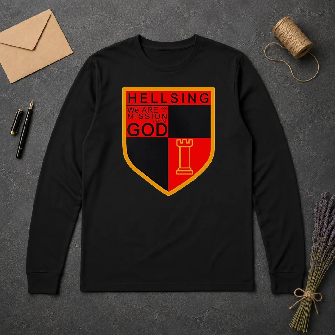 Nice Pretty Hellsing We Are On A Mission From God Shield Emblem Long Sleeve Nice Pretty Hellsing We Are On A Mission From God Shield Emblem long sleeve shirt with bold emblem design