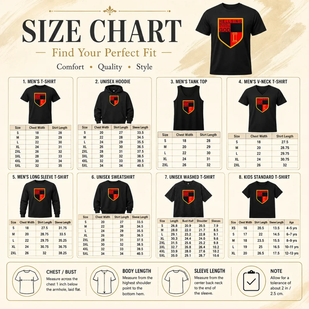 Nice Pretty Hellsing We Are On A Mission From God Shield Emblem Size Chart Size chart for Nice Pretty Hellsing We Are On A Mission From God Shield Emblem with measurements in inches and cm