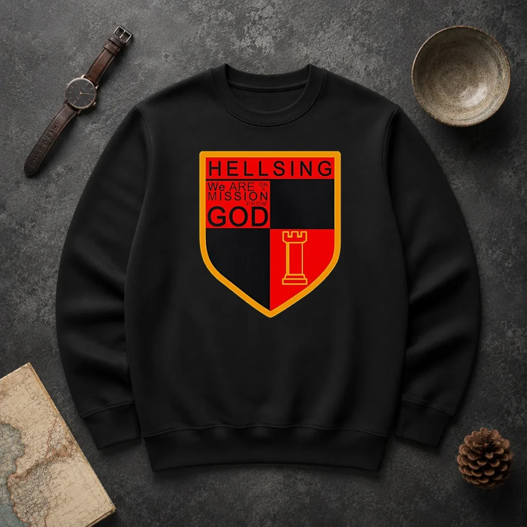 Nice Pretty Hellsing We Are On A Mission From God Shield Emblem Sweater Nice Pretty Hellsing We Are On A Mission From God Shield Emblem Sweater in black with crew neck and long sleeves