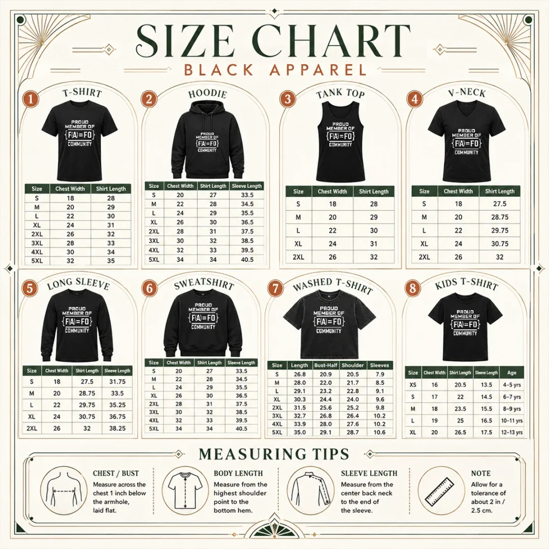 nice-proud-member-of-fafo-community-geek-size-chart-1 Size chart for Nice Proud Member Of FAFO Community Geek with measurements in inches and cm