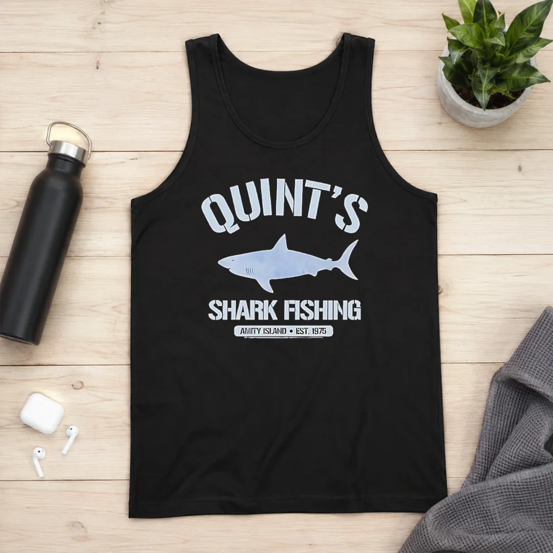 nice-quint-s-shark-fishing-amity-island-est-1975-detailed-shark-tank-top Nice Quint'S Shark Fishing Amity Island Est 1975 Detailed Shark Tank Top