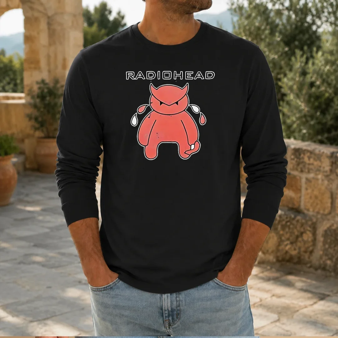 nice-radiohead-distressed-crying-devil-character-long-sleeve Nice Radiohead Distressed Crying Devil Character Long Sleeve Shirt featuring a distressed devil graphic on a comfortable long sleeve garment