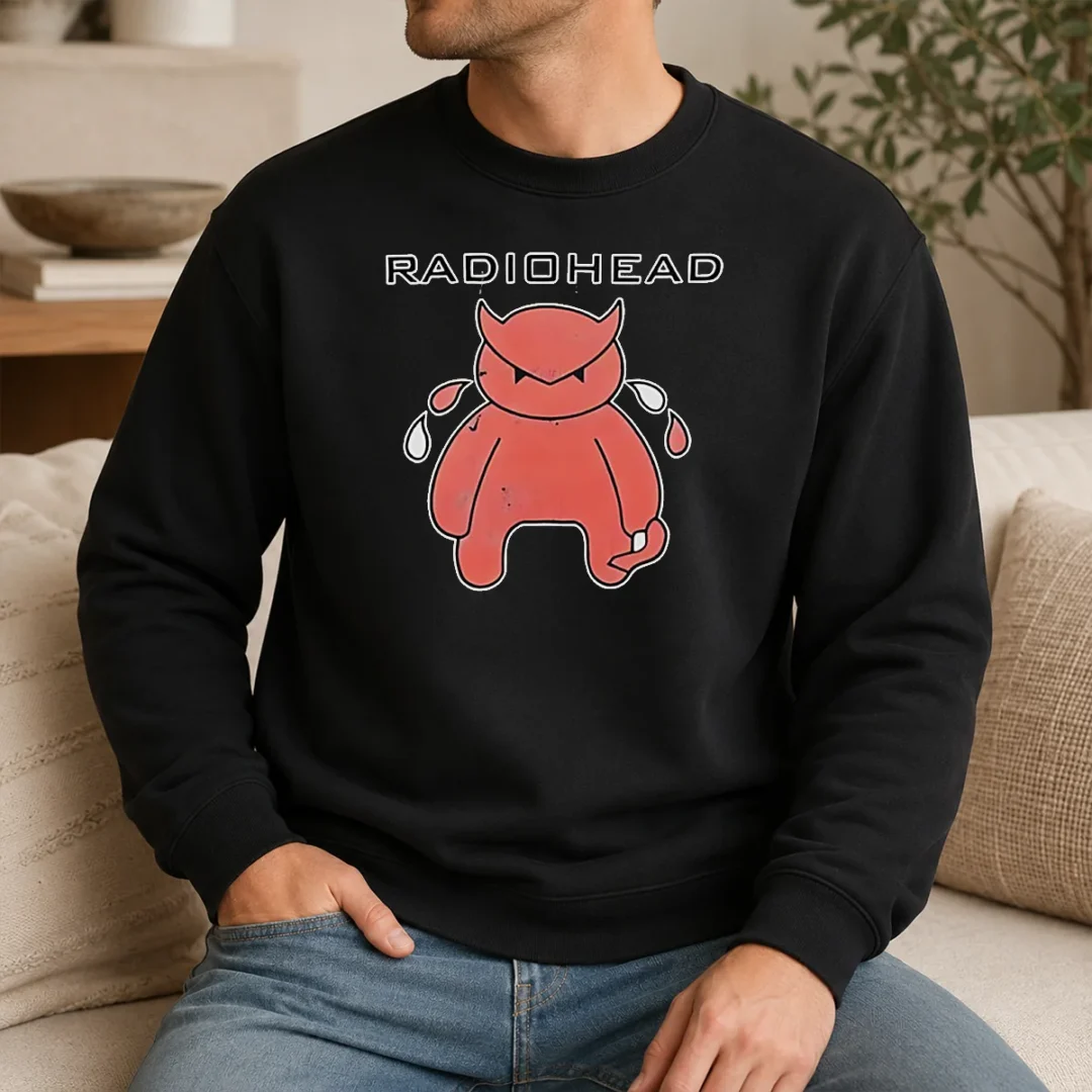 Nice Radiohead Distressed Crying Devil Character Sweater Nice Radiohead Distressed Crying Devil Character Sweater in dark gray with front graphic print