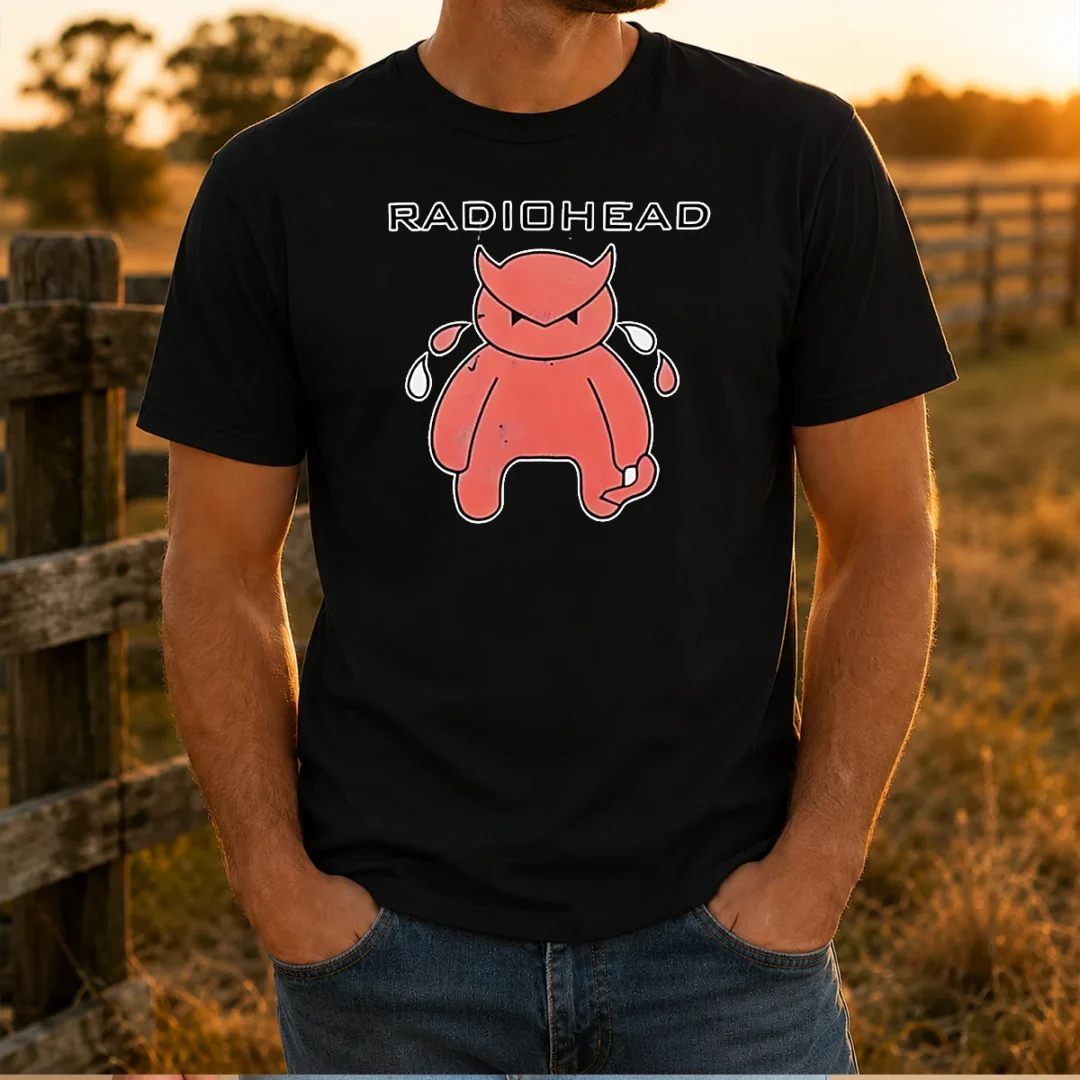 nice-radiohead-distressed-crying-devil-character-t-shirt-3 Nice Radiohead Distressed Crying Devil Character t shirt in black, featuring a distressed crying devil graphic on the front