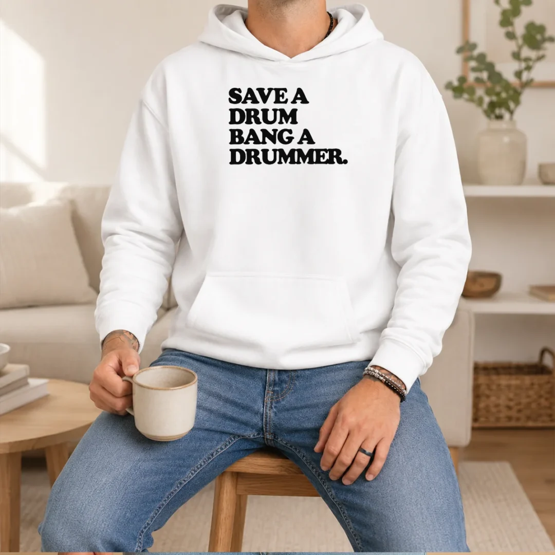 nice-save-a-drum-bang-a-drummer-drums-percussion-hoodie Nice Save A Drum Bang A Drummer Drums Percussion Hoodie in black with bold white text and drum graphic on front