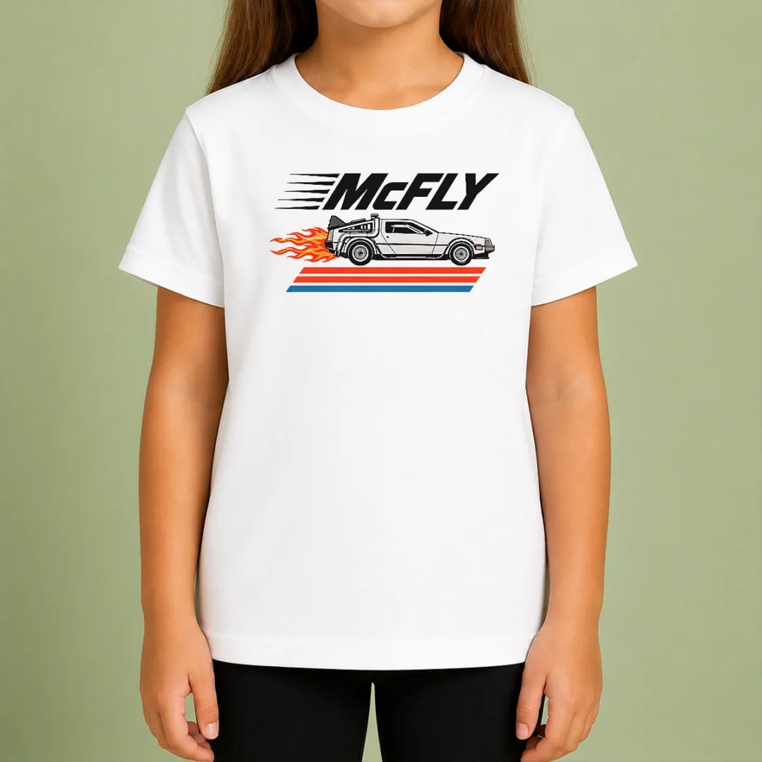 nice-top-mcfly-flaming-delorean-time-machine-kids-t-shirt Nice Top Mcfly Flaming Delorean Time Machine Kids T Shirt in vibrant colors with a playful graphic on a soft cotton fabric