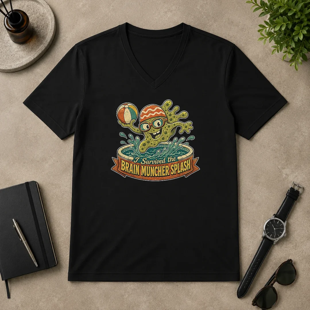 Nice Top Vintage Brain Muncher Splash Survivor V Neck Shirt Nice Top Vintage Brain Muncher Splash Survivor V-Neck Shirt