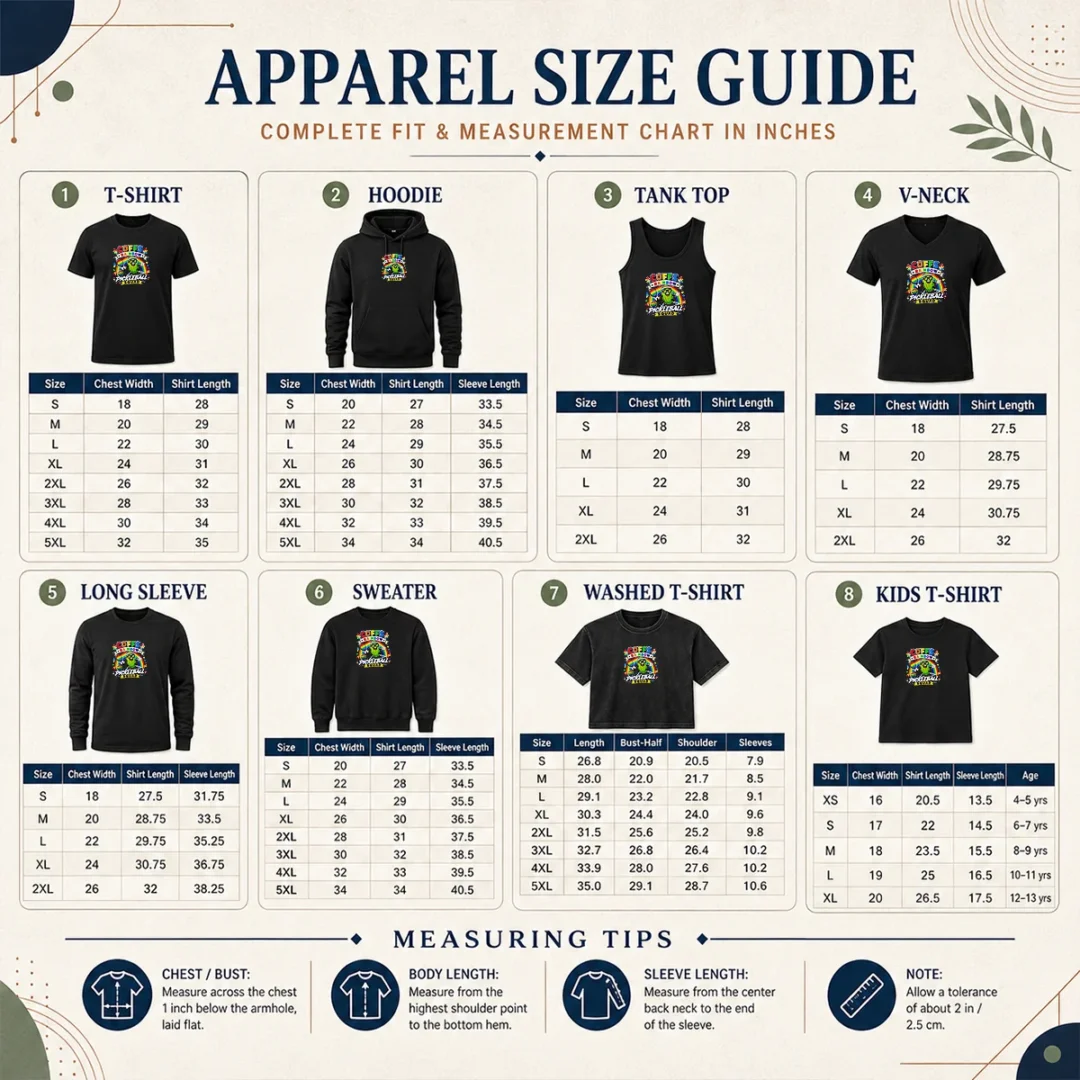 Nice Vibrant Coffs Rainbow Pickleball Enthusiast Size Chart Size chart for Nice Vibrant Coffs Rainbow Pickleball Enthusiast with measurements in inches and cm