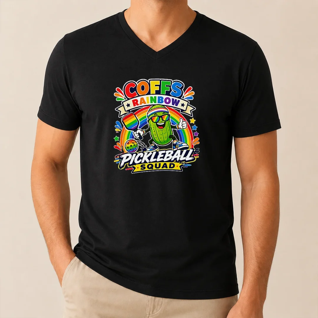 Nice Vibrant Coffs Rainbow Pickleball Enthusiast V Neck Nice Vibrant Coffs Rainbow Pickleball Enthusiast V Neck Shirt in bright colors, soft fabric, and comfortable fit