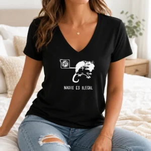 Funny Nadie Es Ilegal Angry Possum ICE Sign Parody V Neck Shirt in charcoal gray on a soft cotton blend fabric