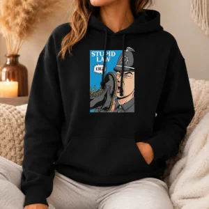 Top Police Stupid Law Hoodie in black with front graphic design, cozy pullover style with drawstring hood and kangaroo pocket