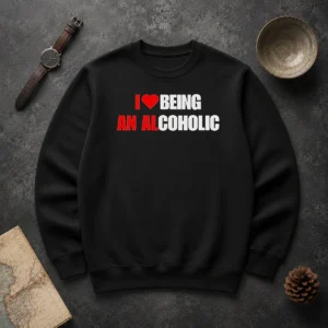 Original I Love Being An Alcoholic Sweater in black, featuring bold white text on a cozy crewneck garment