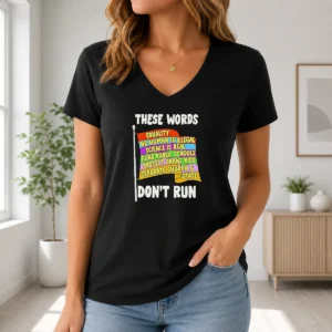 Awesome Equality No Human Is Illegal Science Is Real Fund Public Schools Protect Trans V Neck Shirt in black with bold white text design