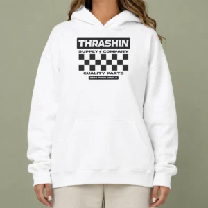 Top Thrashin Supply Company Quality Parts Hoodie in black with front logo print, comfortable pullover style