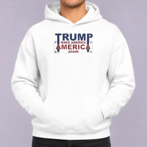 Top President US Make America Great Again Hoodie in red with front pocket and drawstring hood