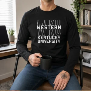 Top Western Kentucky University WKU Hilltoppers Name long sleeve shirt in red with white lettering