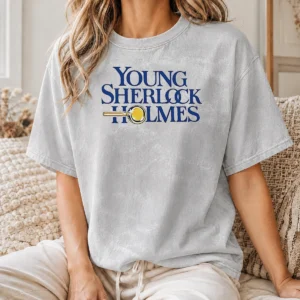 Premium Young Sherlock Holmes Movie Logo 1985 Film printed on a soft washed t shirt in light gray