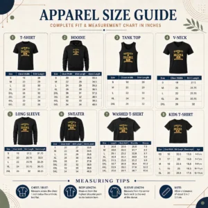 Size chart for Nice Property Of Drama Athletic Dept NY showing garment measurements in inches and cm
