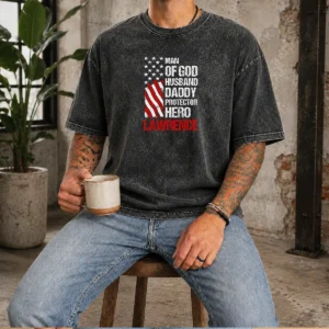 Premium Man Of God Husband Dad Protector Hero Washed T-Shirt