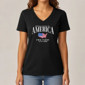 Good United States Of America Two Fiddy 1776 2026 V Neck Shirt in black, showing front design and V neck style