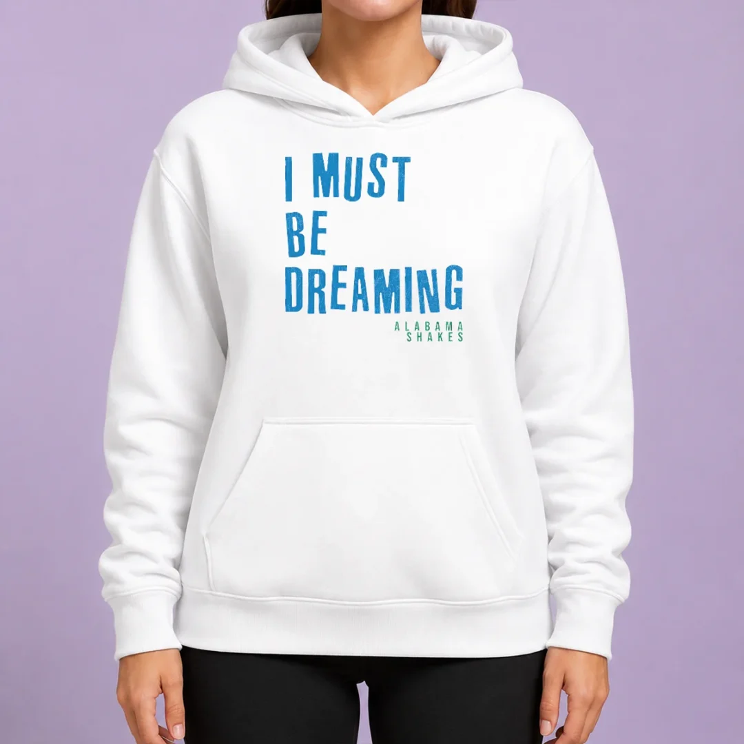 official-alabama-shakes-i-must-be-dreaming-hoodie Official Alabama Shakes I Must Be Dreaming Hoodie in black with front graphic print, cozy pullover style with drawstring hood