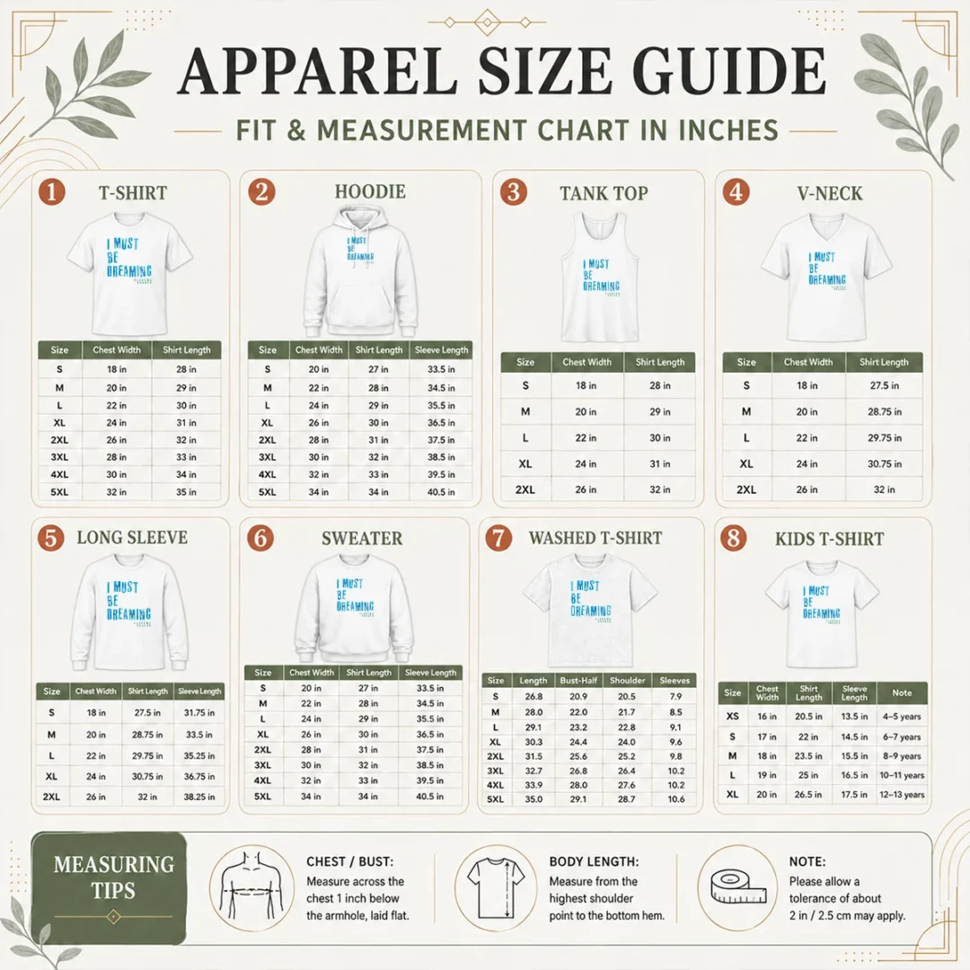official-alabama-shakes-i-must-be-dreaming-size-chart Size chart for Official Alabama Shakes I Must Be Dreaming with measurements in inches and cm