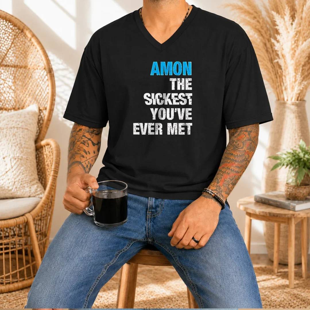 official-amon-the-sickest-you-ve-ever-met-v-neck-shirt Official Amon The Sickest You'Ve Ever Met V Neck Shirt in black, featuring a deep V neckline and bold graphic print