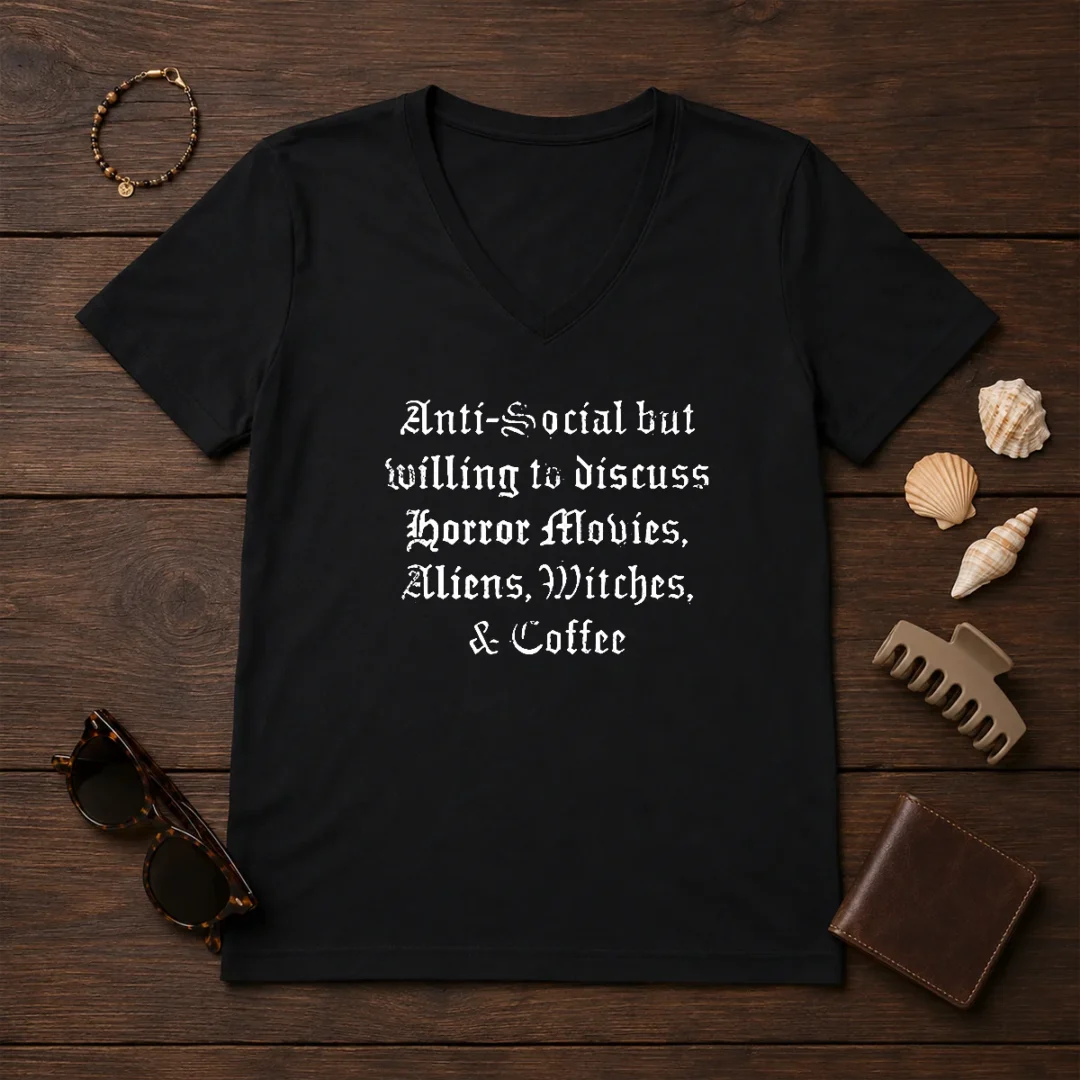 official-anti-social-but-willing-to-discuss-horror-v-neck-shirt Official Anti Social But Willing To Discuss Horror V-Neck Shirt