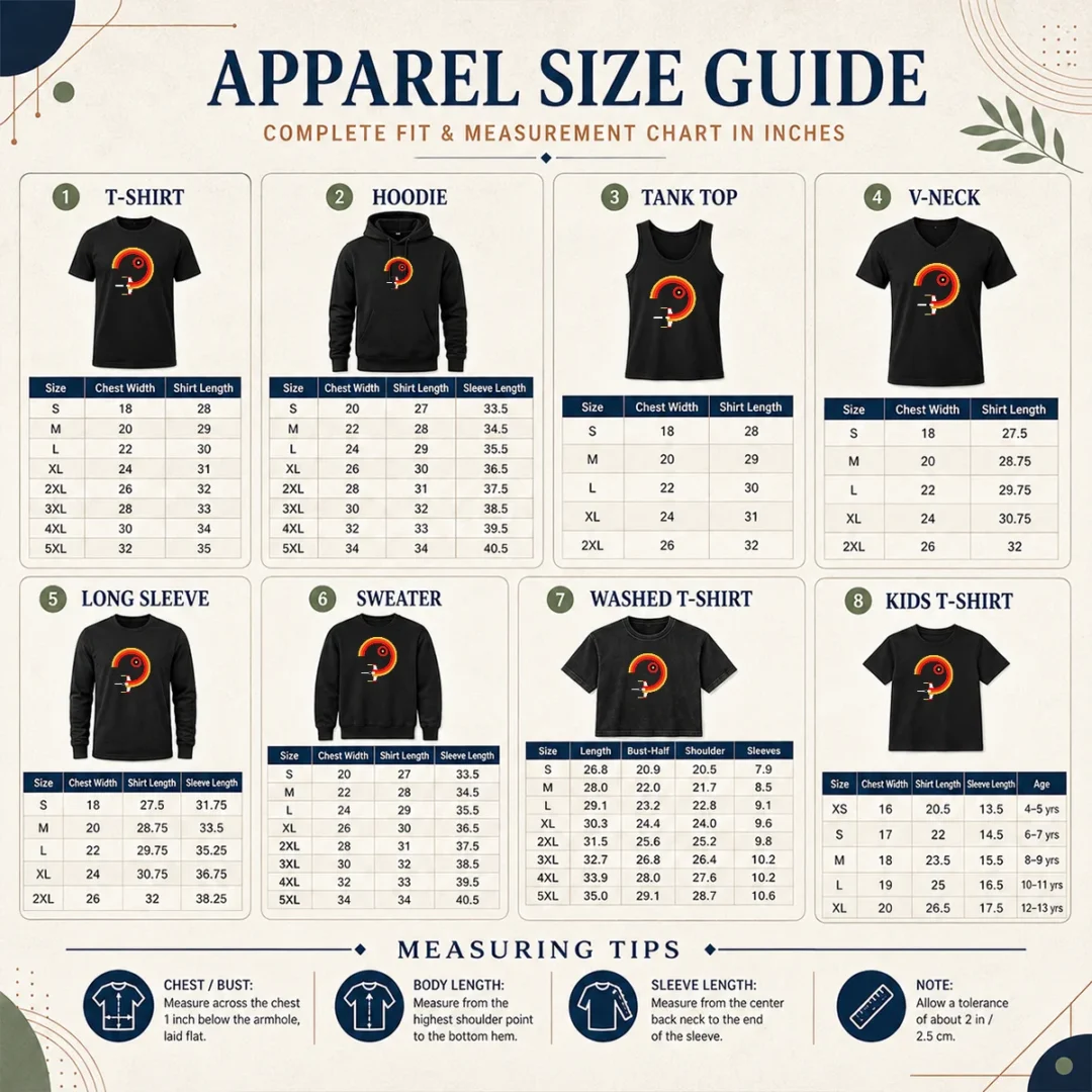 Official Awesome Star Wars X Wing Retro Sunset Spiral Circle Size Chart Size chart for Official Awesome Star Wars X Wing Retro Sunset Spiral Circle with measurements in inches and cm