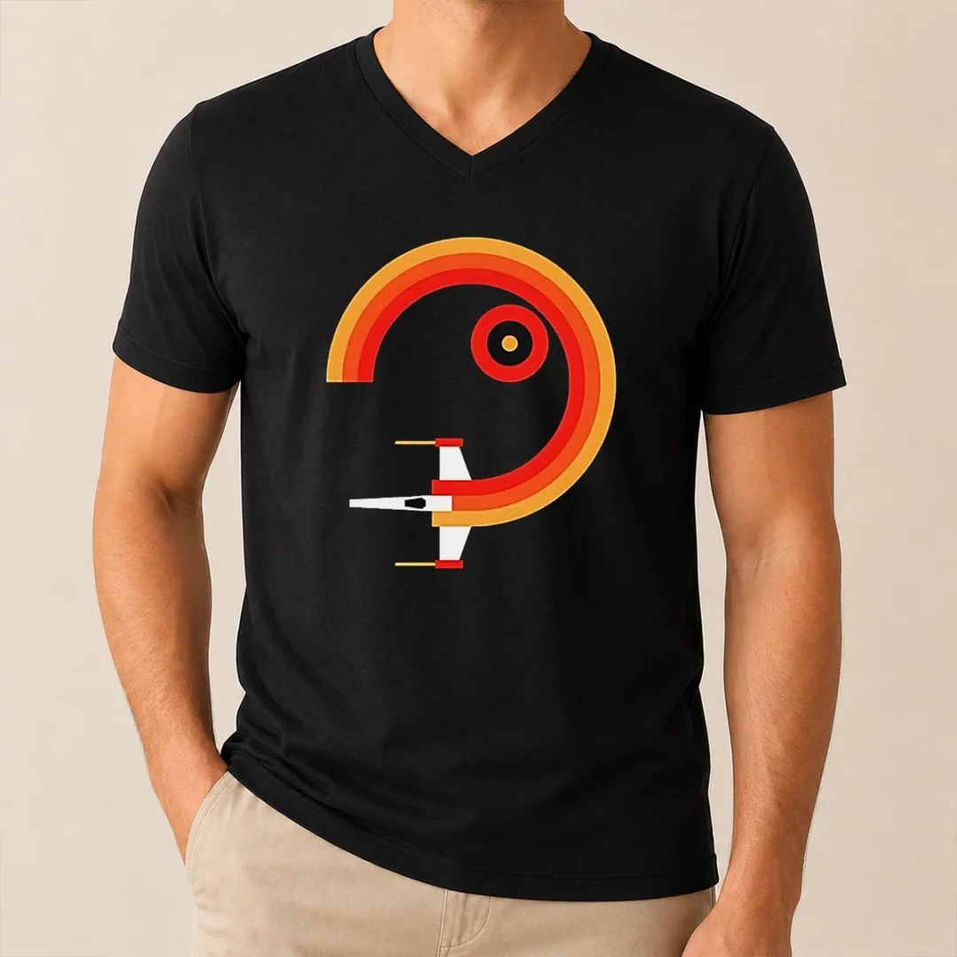 Official Awesome Star Wars X Wing Retro Sunset Spiral Circle V Neck Shirt Official Awesome Star Wars X Wing Retro Sunset Spiral Circle V-Neck Shirt
