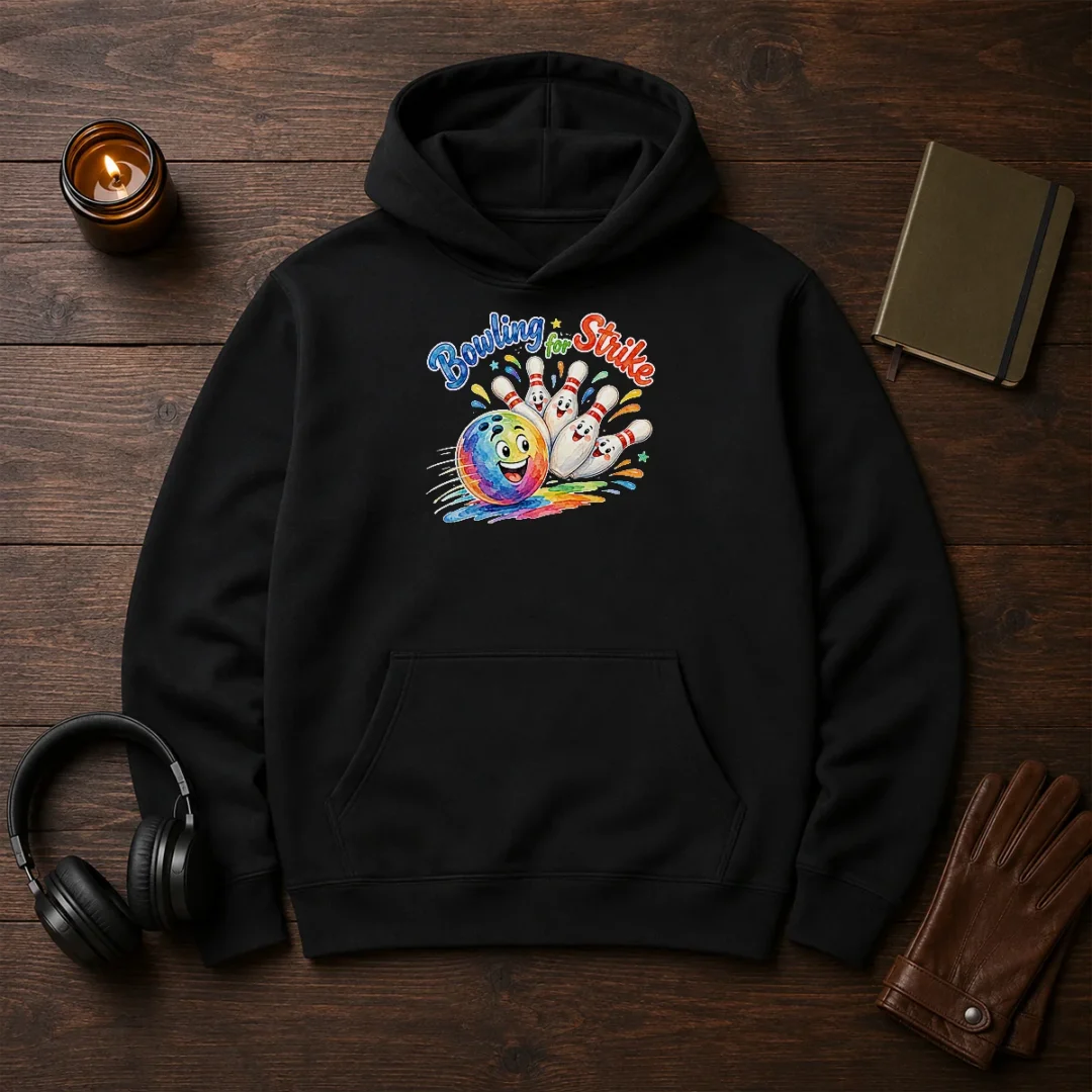 official-bowling-for-strike-watercolor-hoodie Official Bowling For Strike Watercolor Hoodie in black with colorful bowling ball and pins design