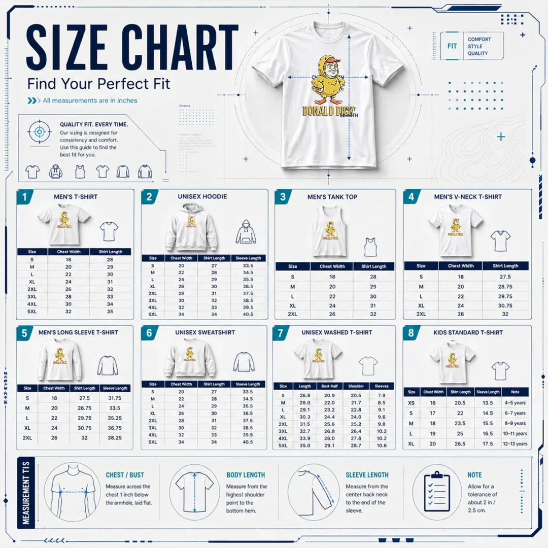 official-donald-dick-parody-size-chart Size chart for Official Donald Dick Parody with measurements in inches and cm