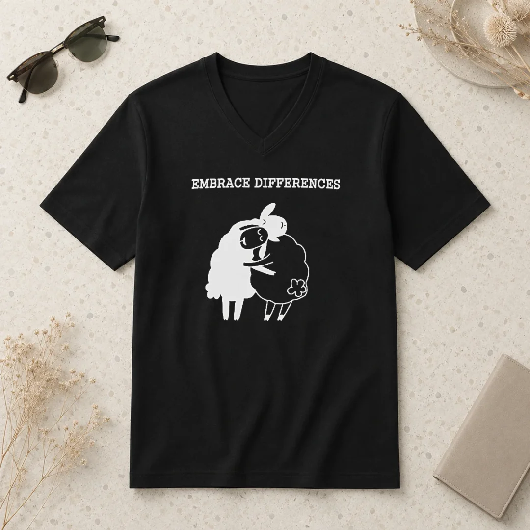 official-embrace-differences-sheep-hug-hugging-inclusivity-v-neck-shirt Official Embrace Differences Sheep Hug Hugging Inclusivity V Neck Shirt showing a soft fabric with a unique inclusivity design