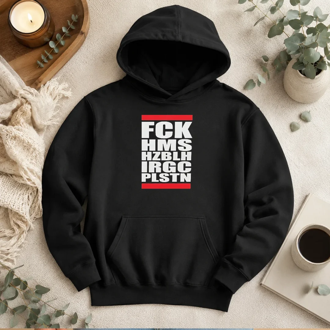 official-fck-hms-hzblh-irgc-plstn-acronym-hoodie Official FCK HMS HZBLH IRGC PLSTN Acronym Hoodie in black with front logo print