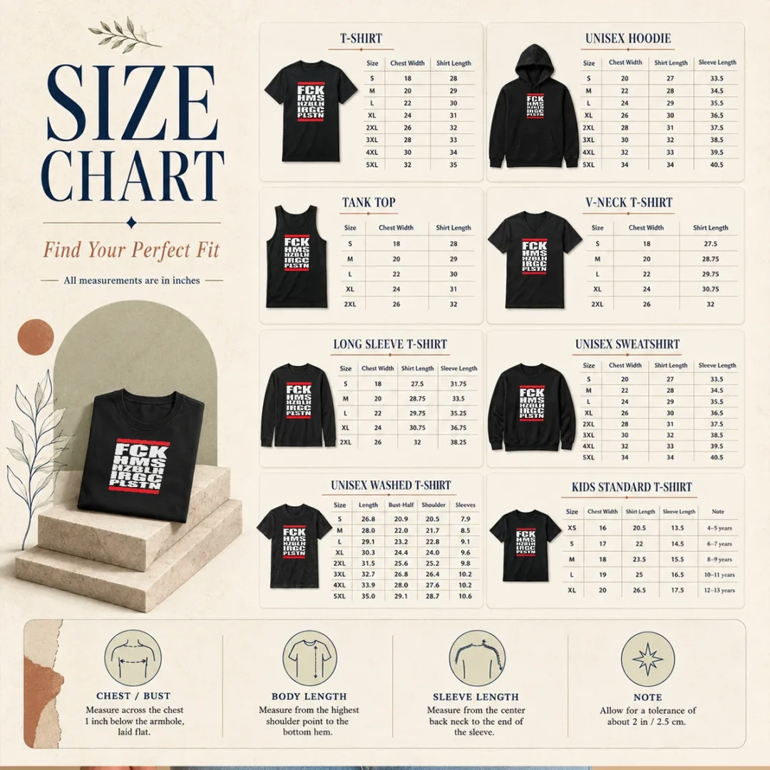 official-fck-hms-hzblh-irgc-plstn-acronym-size-chart Size chart for Official FCK HMS HZBLH IRGC PLSTN Acronym with measurements in inches and cm