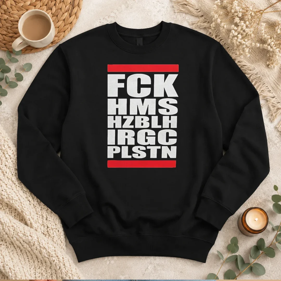 official-fck-hms-hzblh-irgc-plstn-acronym-sweater Official FCK HMS HZBLH IRGC PLSTN Acronym Sweater in dark color, long sleeve crewneck sweatshirt