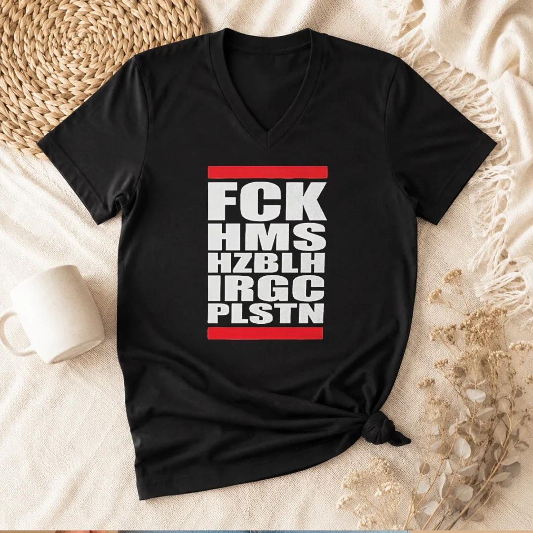 official-fck-hms-hzblh-irgc-plstn-acronym-v-neck-shirt Official FCK HMS HZBLH IRGC PLSTN Acronym V Neck Shirt in black with bold white lettering on front