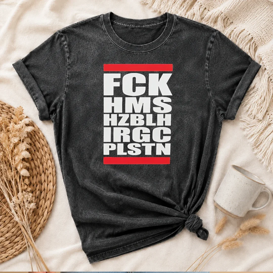 official-fck-hms-hzblh-irgc-plstn-acronym-washed-t-shirt Official FCK HMS HZBLH IRGC PLSTN Acronym Washed T Shirt in faded black, front view with clear acronym print