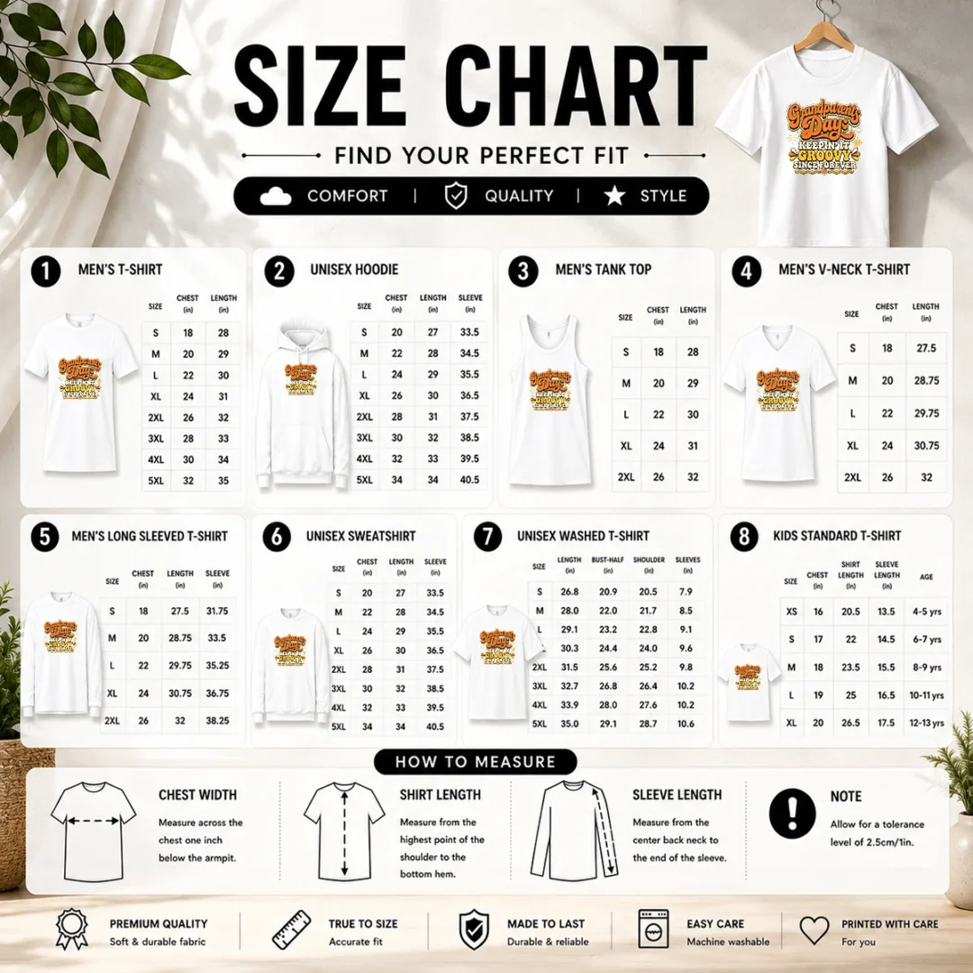 official-grandparents-day-keepin-it-groovy-tee-groovy-retro-size-chart Size chart for Official Grandparents Day Keepin It Groovy Tee with measurements in inches and cm