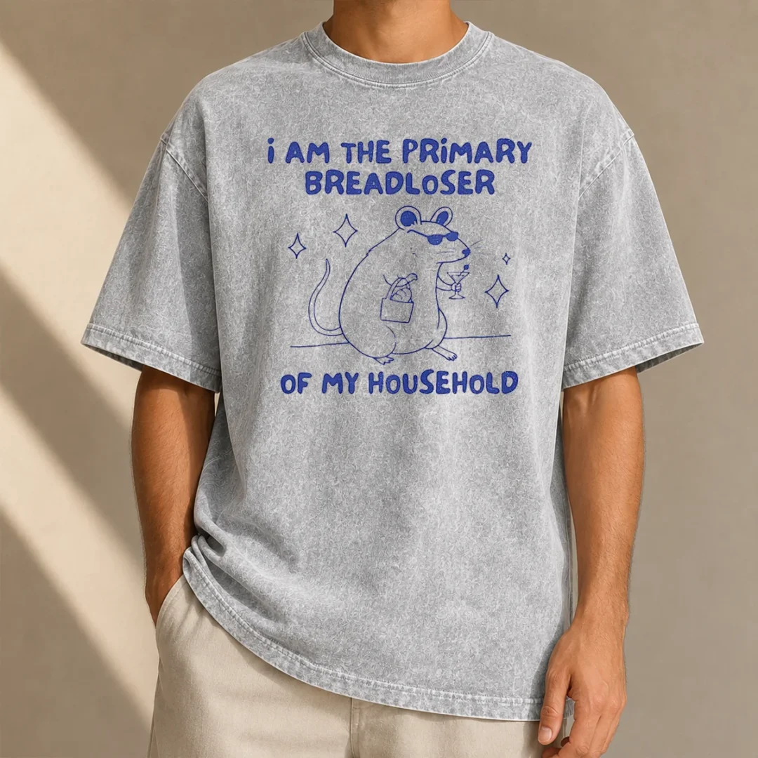 official-hot-i-am-the-primary-breadloser-of-my-household-rat-washed-t-shirt Official Hot I Am The Primary Breadloser Of My Household Rat Washed T Shirt in soft cotton fabric with vintage wash