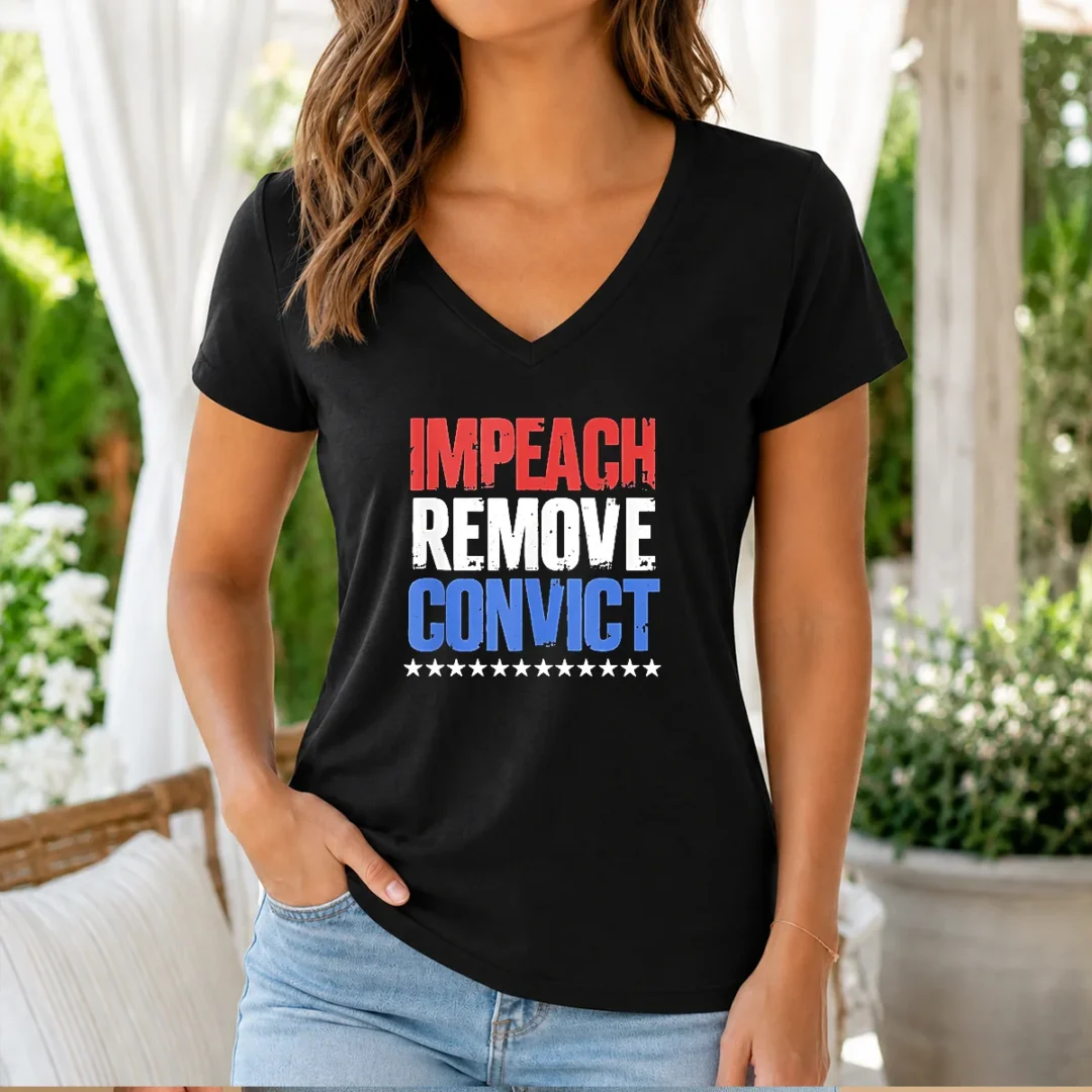 official-impeach-remove-convict-stars-v-neck-shirt Official Impeach Remove Convict Stars V Neck Shirt in dark color showing front graphic design and short sleeves