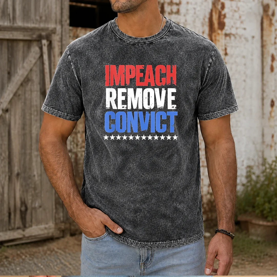 official-impeach-remove-convict-stars-washed-t-shirt Official Impeach Remove Convict Stars Washed T Shirt showing front print on soft washed cotton fabric