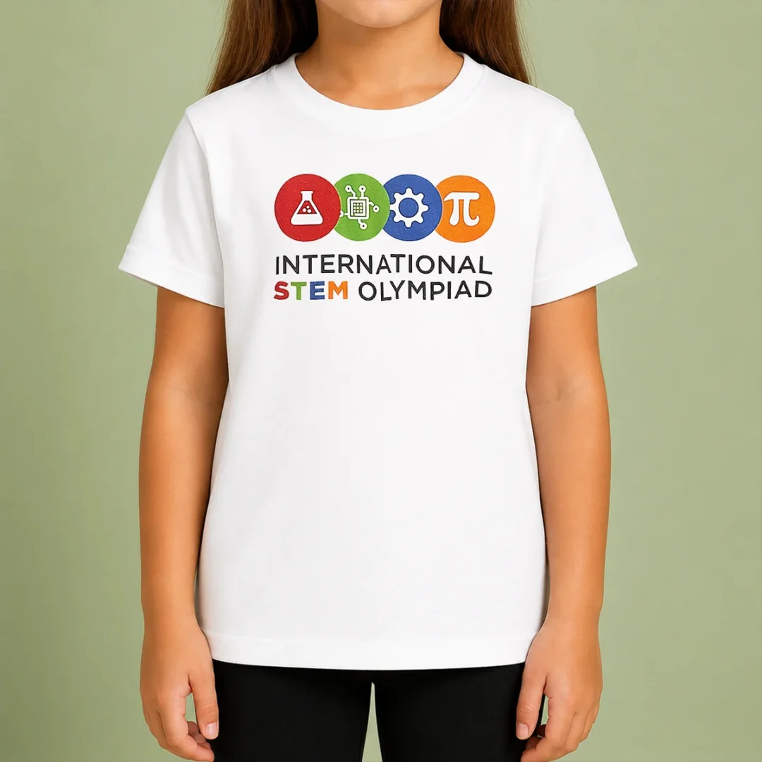 official-international-stem-olympiad-kids-t-shirt Official International STEM Olympiad Kids T Shirt in blue, featuring a comfortable short-sleeve design for children