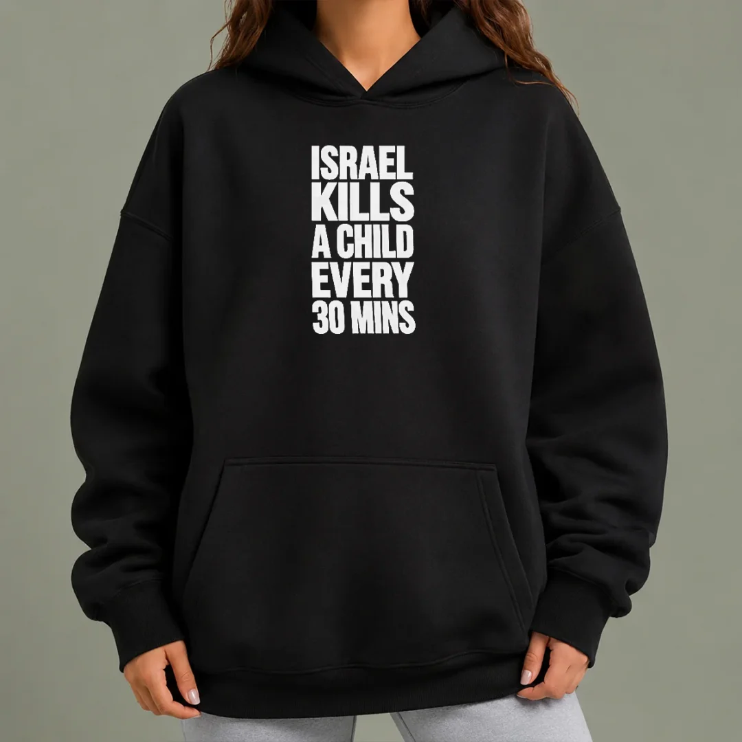 official-israel-kills-a-child-every-30-mins-human-rights-hoodie Official Israel Kills A Child Every 30 Mins Human Rights hoodie in black, front view with bold white text