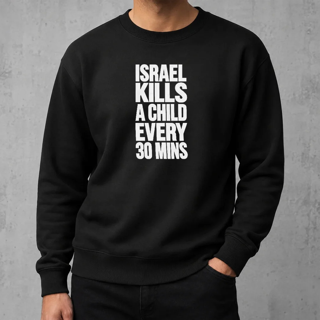official-israel-kills-a-child-every-30-mins-human-rights-sweater Official Israel Kills A Child Every 30 Mins Human Rights Sweater in black, crewneck style with bold white text on front