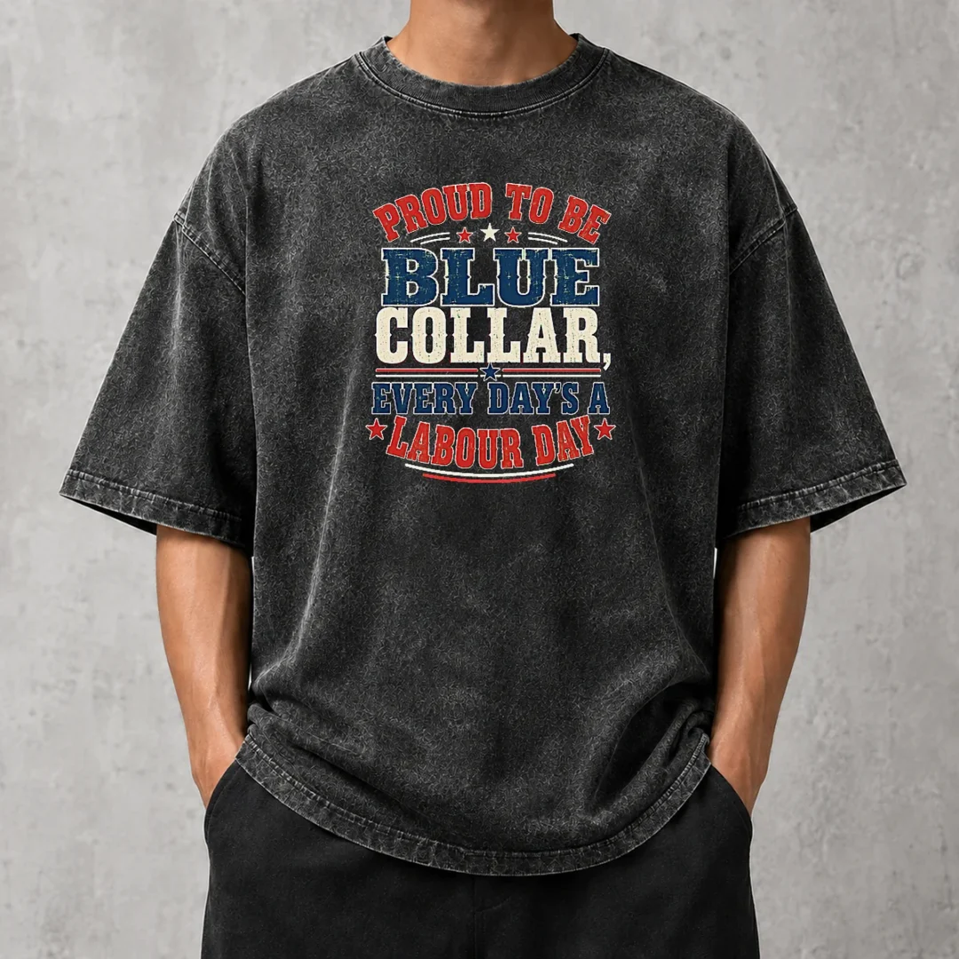 official-labour-day-vintage-blue-collar-pride-washed-t-shirt Official Labour Day Vintage Blue Collar Pride Washed T Shirt in faded blue with distressed graphic print