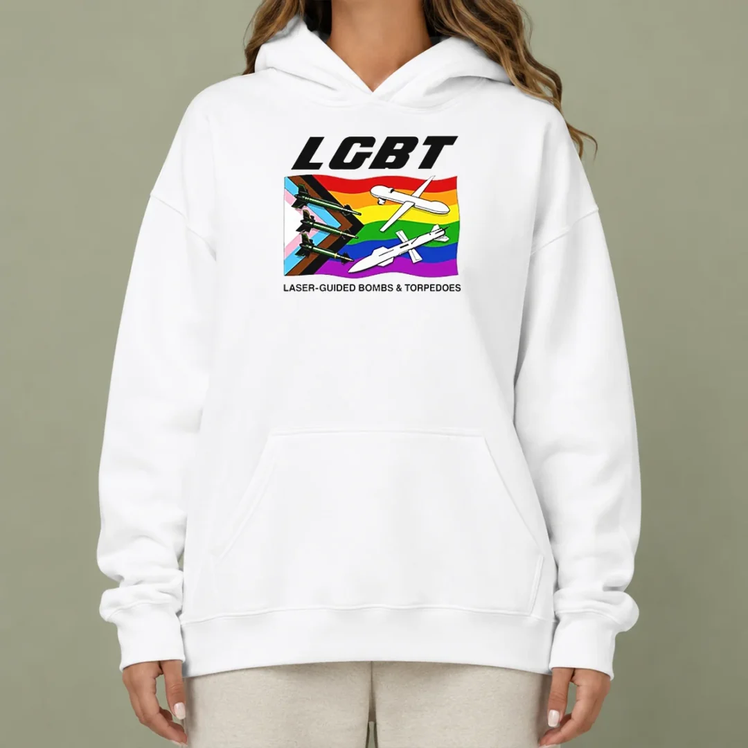 official-lgbt-laser-guided-bombs-and-torpedoes-flag-hoodie Official LGBT Laser Guided Bombs And Torpedoes Flag Hoodie in black with colorful flag graphic on front